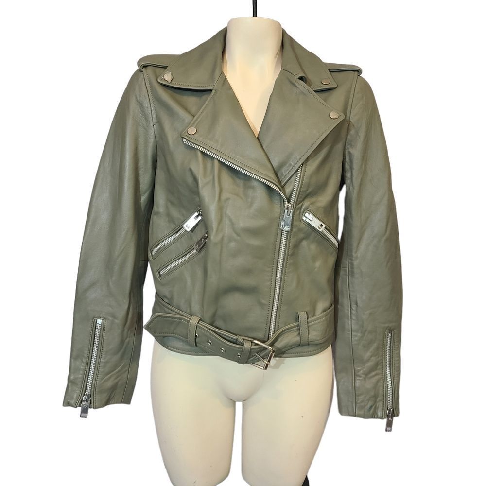 Walter Baker‎ Allison Leather Moto Jacket Belted Zip Pockets Sage Green Size Med